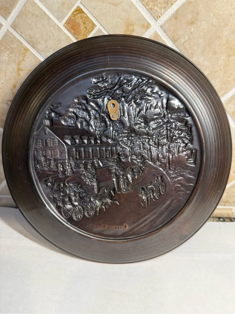 Currier & Ives Copper-Tone Embossed Wall Plate Horse Carriage Scene 10 Inch.
